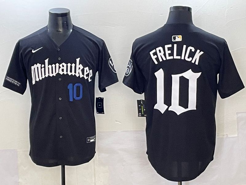 Men 2025 Milwaukee Brewers #10 Frelick Black Five generations Joint Name Nike MLB Jersey style 04